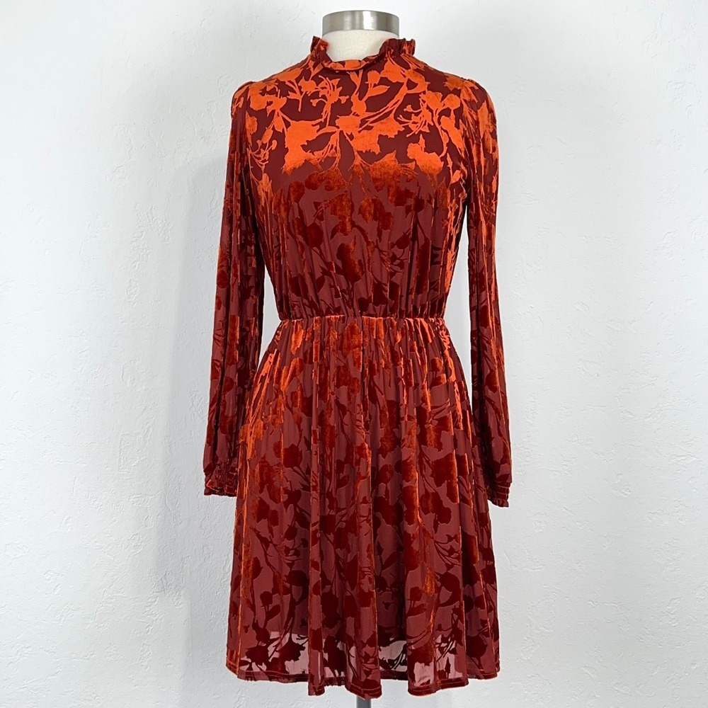 Autumn Halloween October Midi Dress Size XS Orange Velvet Burnout Long Sleeve